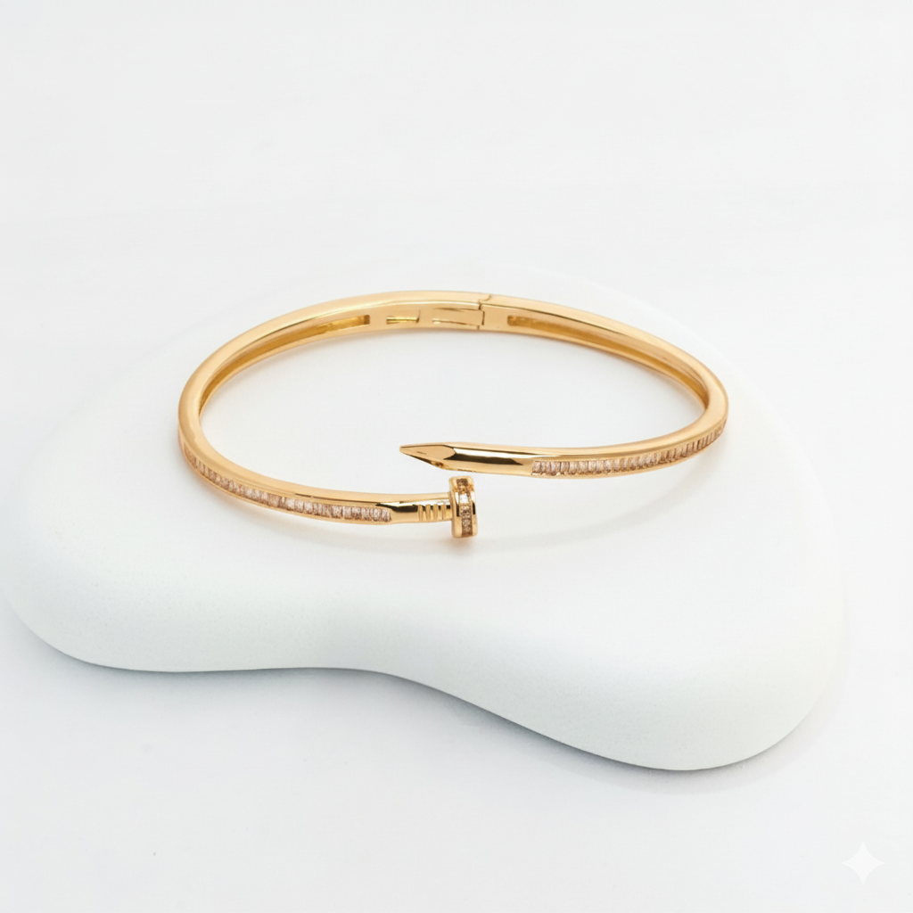 Gold Plated Nail Design Bangle Bracelet with Embedded Stones