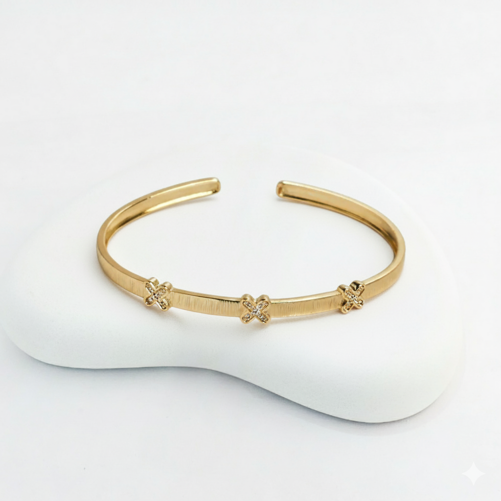 Minimalist Gold-Plated Cuff Bracelet with Embellished X Accents