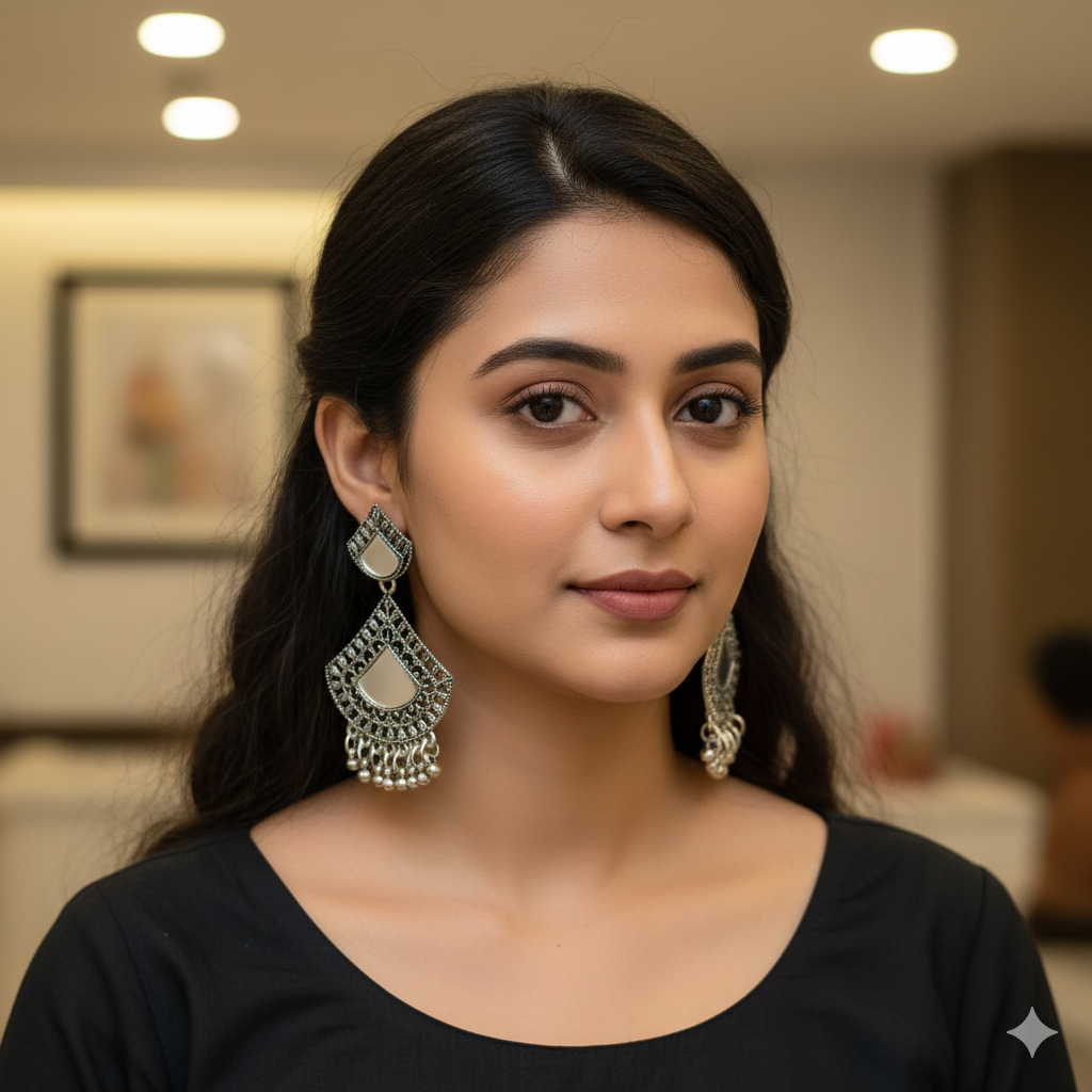 Oxidized Silver Plated Mirror Drop Jhumki Earrings for Girs and Women