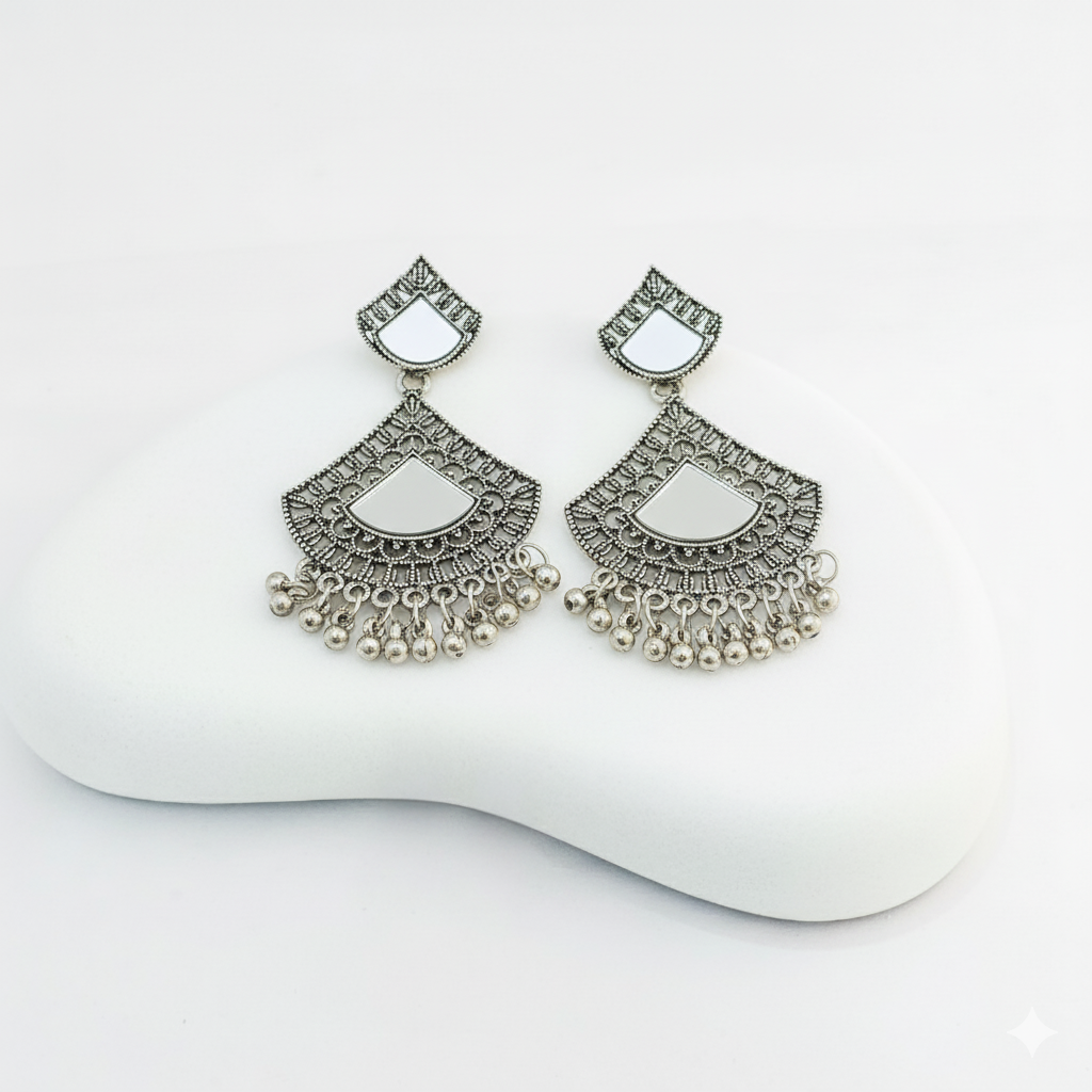 Oxidized Silver Plated Mirror Drop Jhumki Earrings for Girs and Women