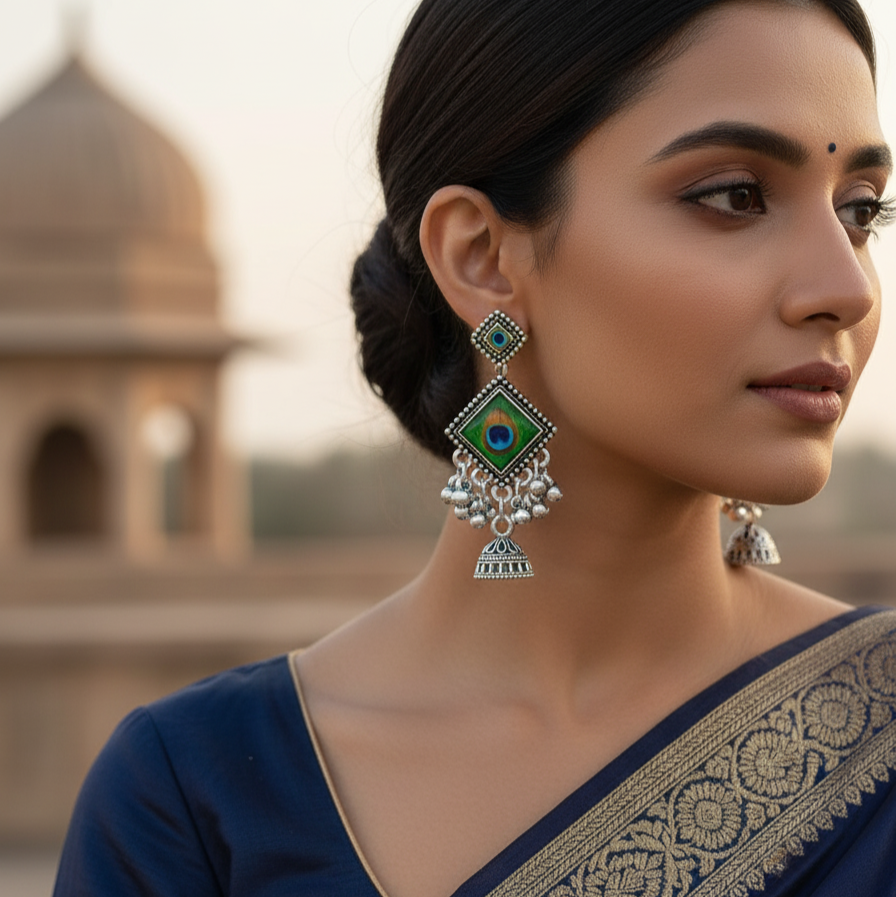 Oxidized Silver Plated Peacock drop earrings for girs and women