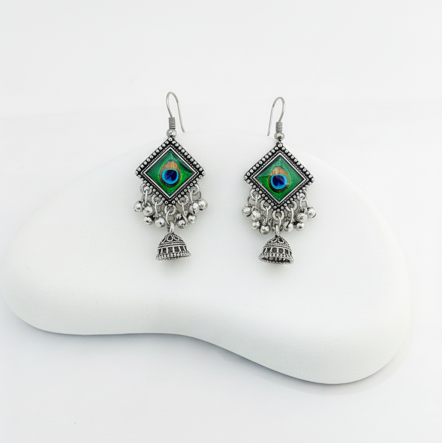 Oxidized Silver Plated Peacock drop earrings for girs and women