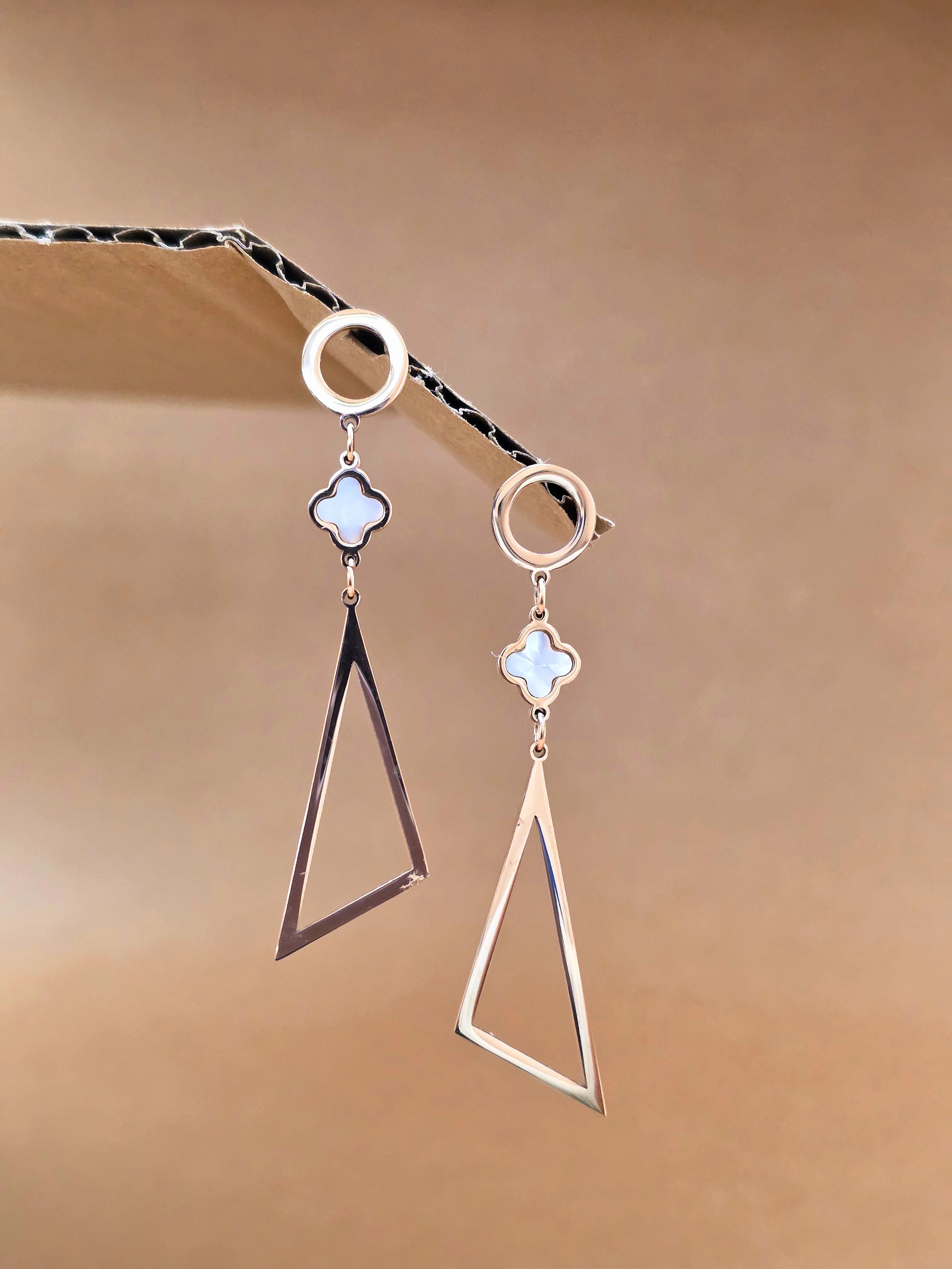 Rose Gold Triangle Drop Earrings with Clover Accent