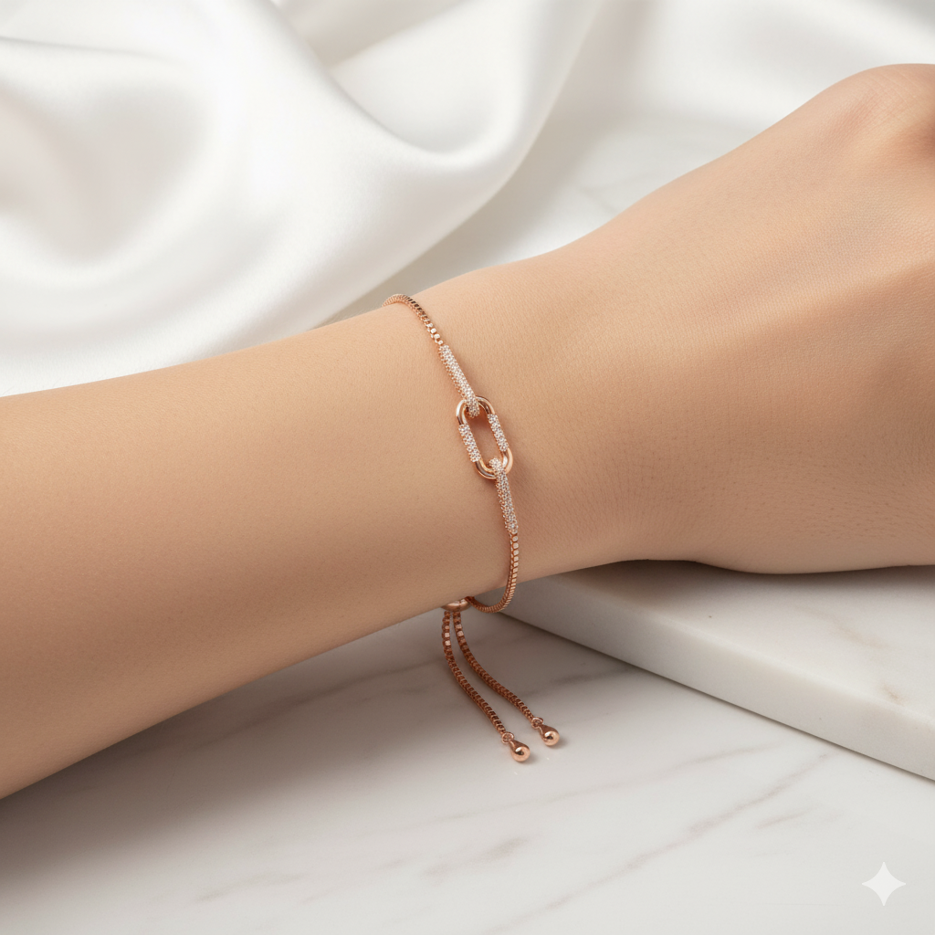 Rose Gold-Plated Adjustable Chain Bracelet with Pave Link Design