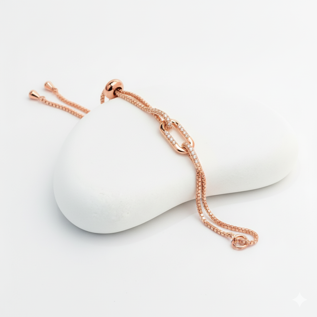 Rose Gold-Plated Adjustable Chain Bracelet with Pave Link Design
