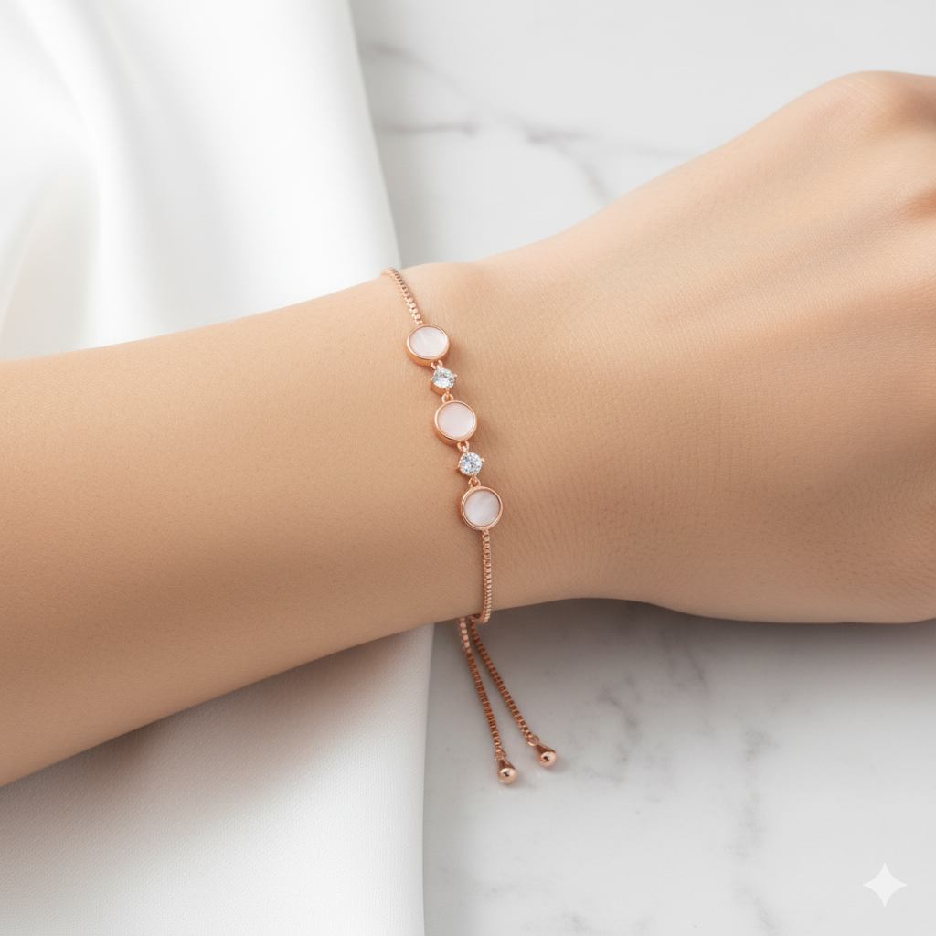 Rose Gold Adjustable Bracelet with Circular Accents and Cubic Zirconia