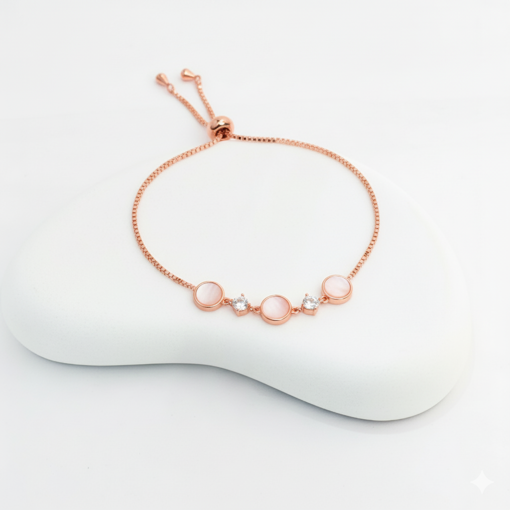 Rose Gold Adjustable Bracelet with Circular Accents and Cubic Zirconia
