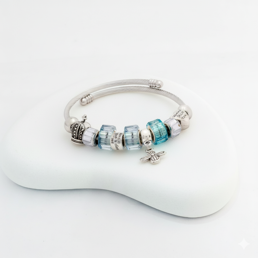 Royal Charm Bracelet with Blue Crystal Beads and Crown Accents