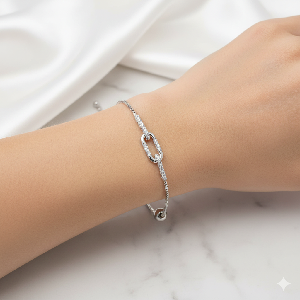 Silver-Plated Adjustable Chain Bracelet with Pave Link Design