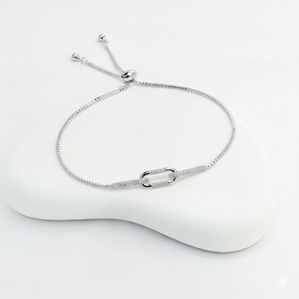 Silver-Plated Adjustable Chain Bracelet with Pave Link Design