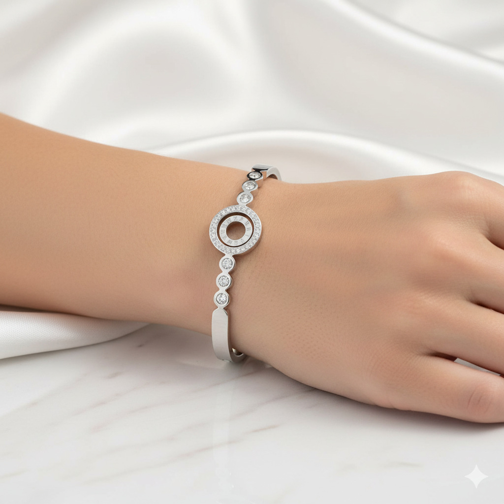 Sleek Silver-Plated Roman-Inspired Bracelet with Cubic Zirconia Accents