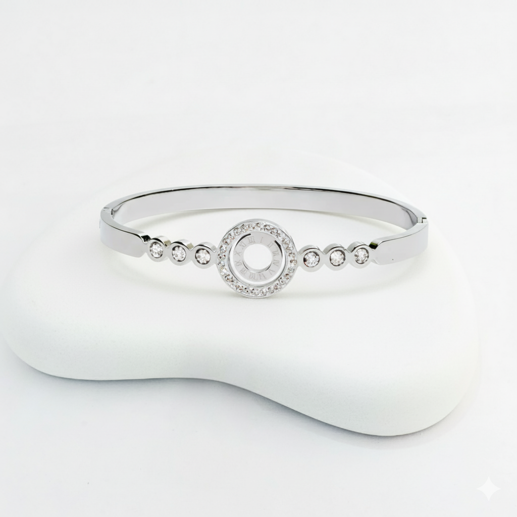Sleek Silver-Plated Roman-Inspired Bracelet with Cubic Zirconia Accents