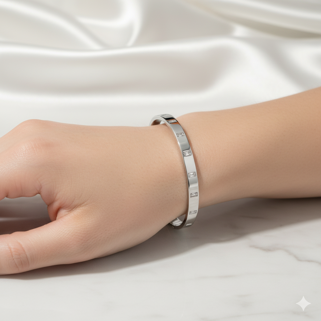 Sleek Silver-Toned Bangle Bracelet with Baguette Cubic Zirconia Inlay