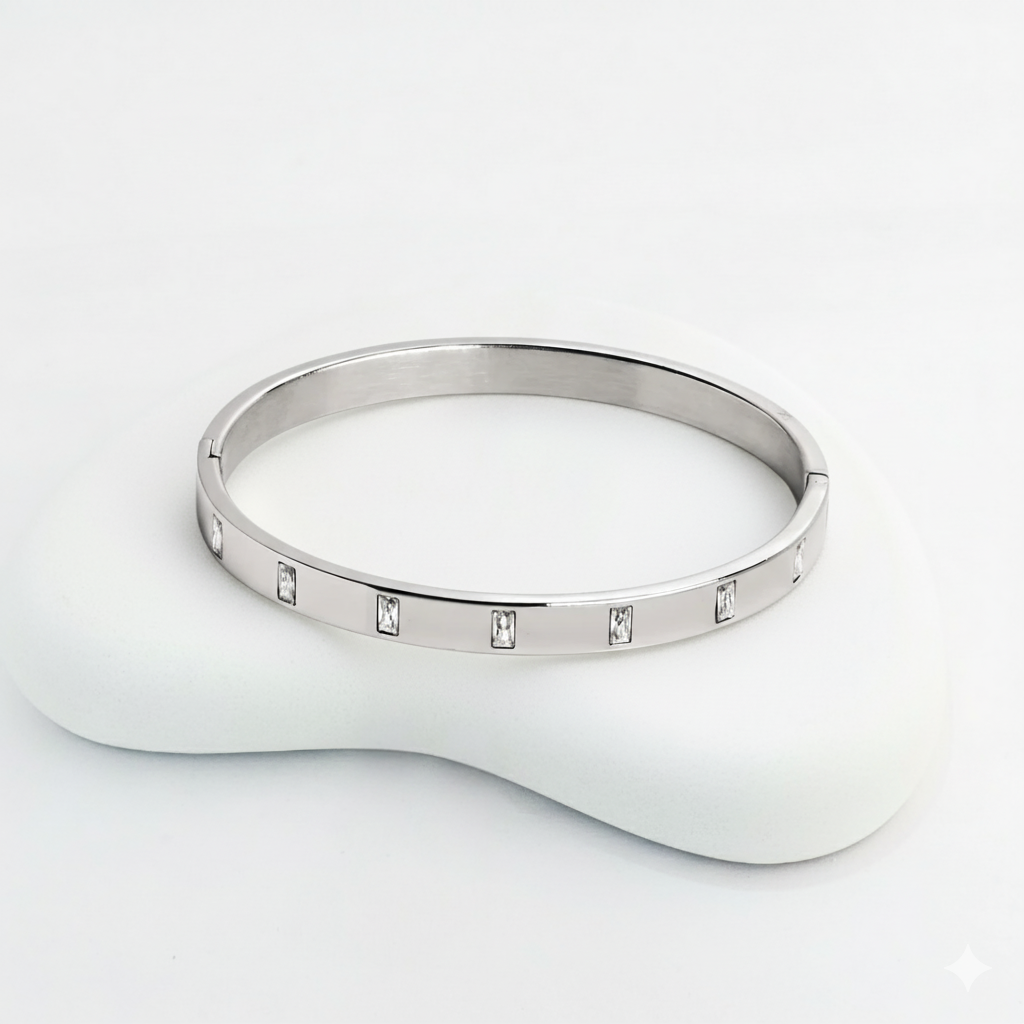 Sleek Silver-Toned Bangle Bracelet with Baguette Cubic Zirconia Inlay